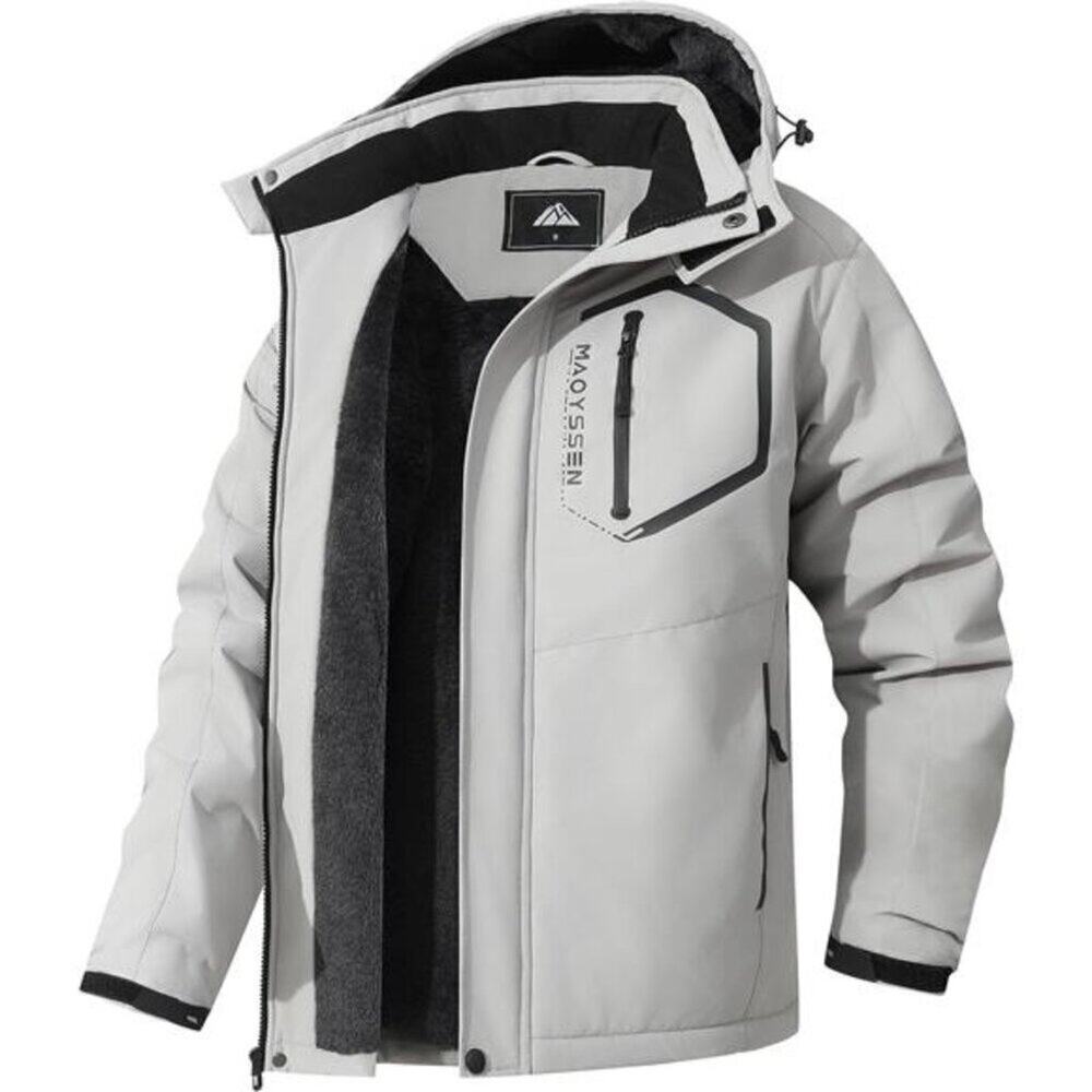 Waterproof Ski Jacket Men Grey Winter Warm Fleece Hood
